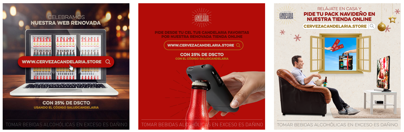 Tres diseños de Cerveza Candelaria para comunicar su tienda online, descuentos y packs navideños