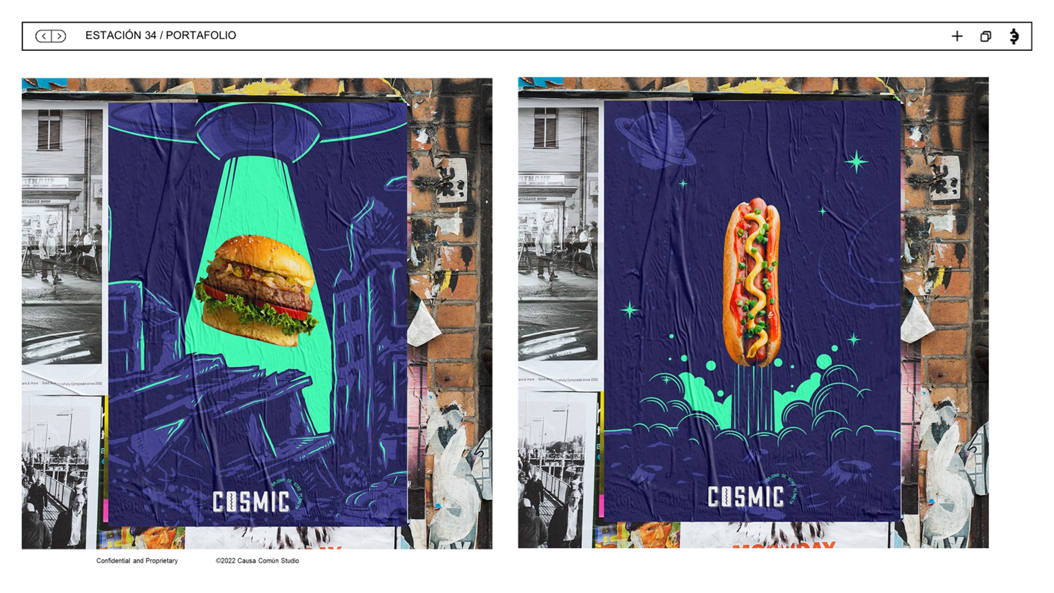 Aplicaciones gráficas de Cosmic Burger con una hamburguesa y un hot dog de estética espacial
