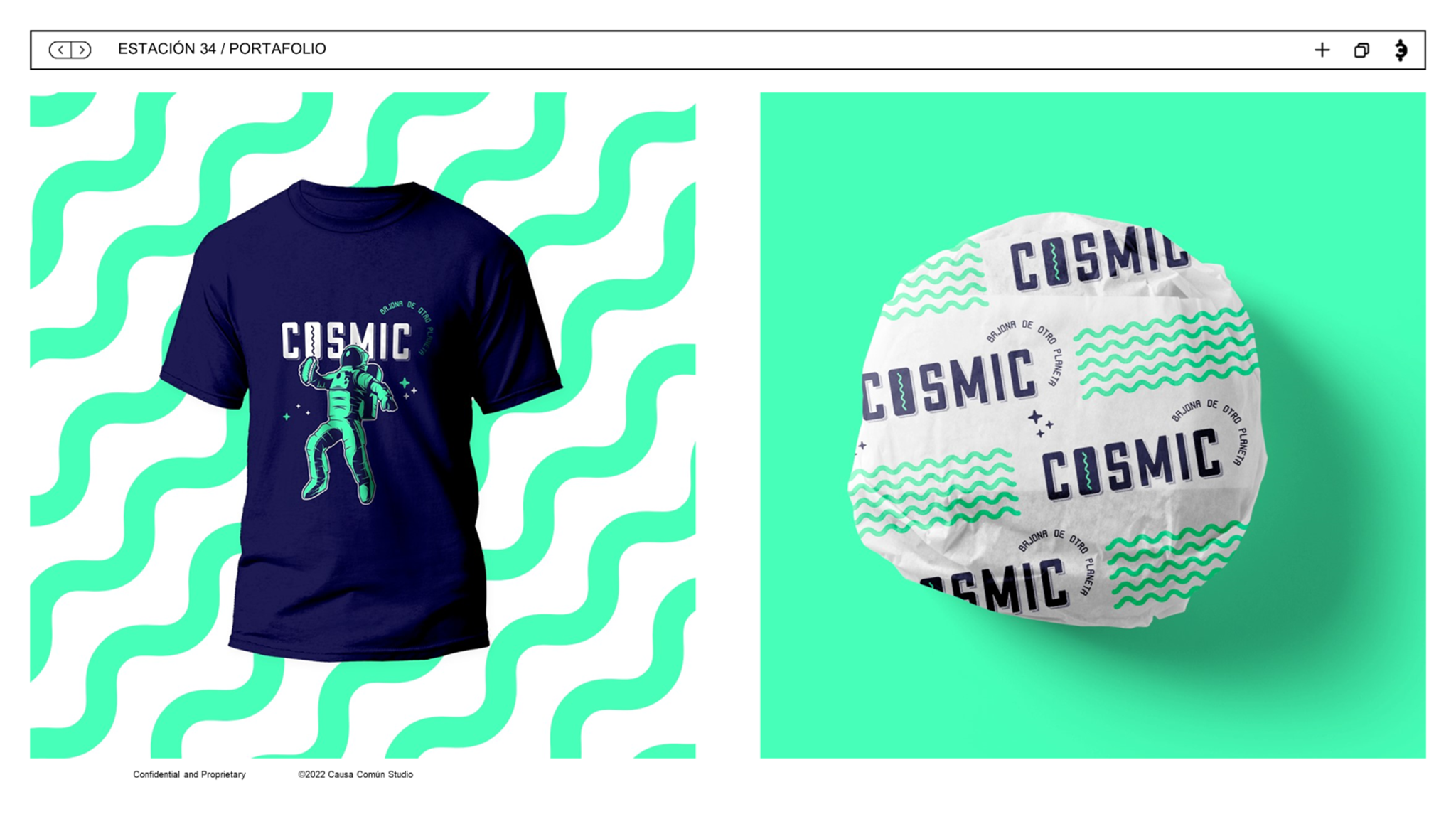 Identidad de Cosmic Burger aplicada a una camiseta y al empaque del producto