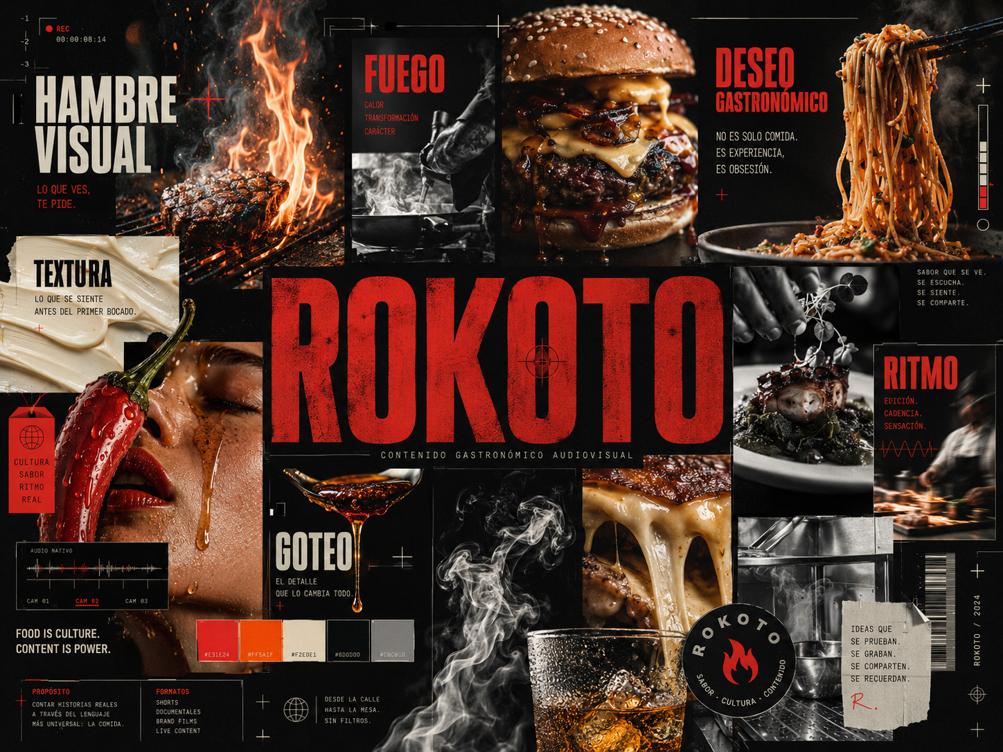 Moodboard de Rokoto con fuego, texturas y fotografía gastronómica de alto impacto